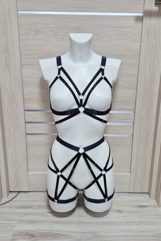 Hemera - navy blue female harness lingerie set with leg garters