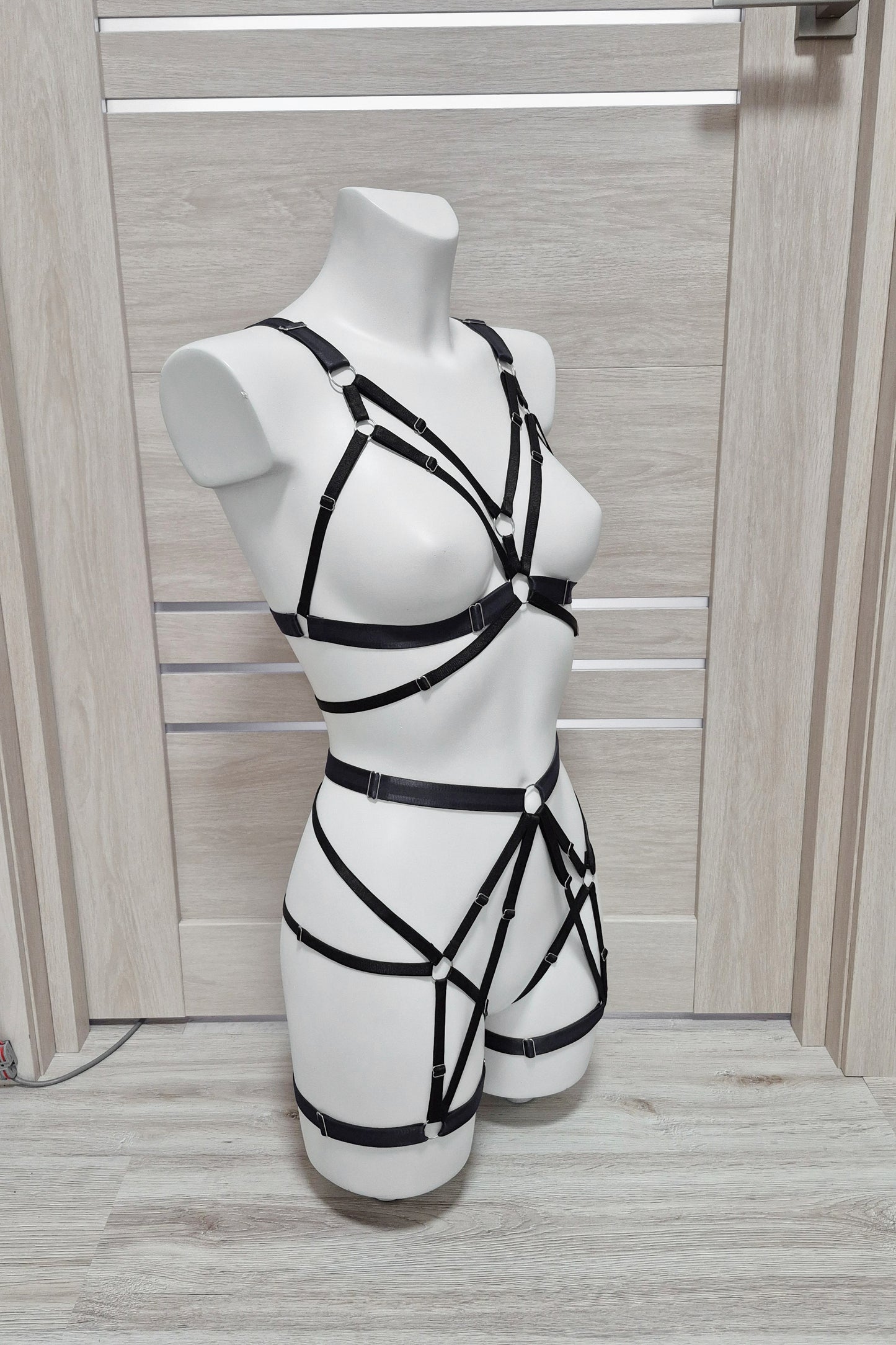 Hemera - black harness lingerie with leg garter belt