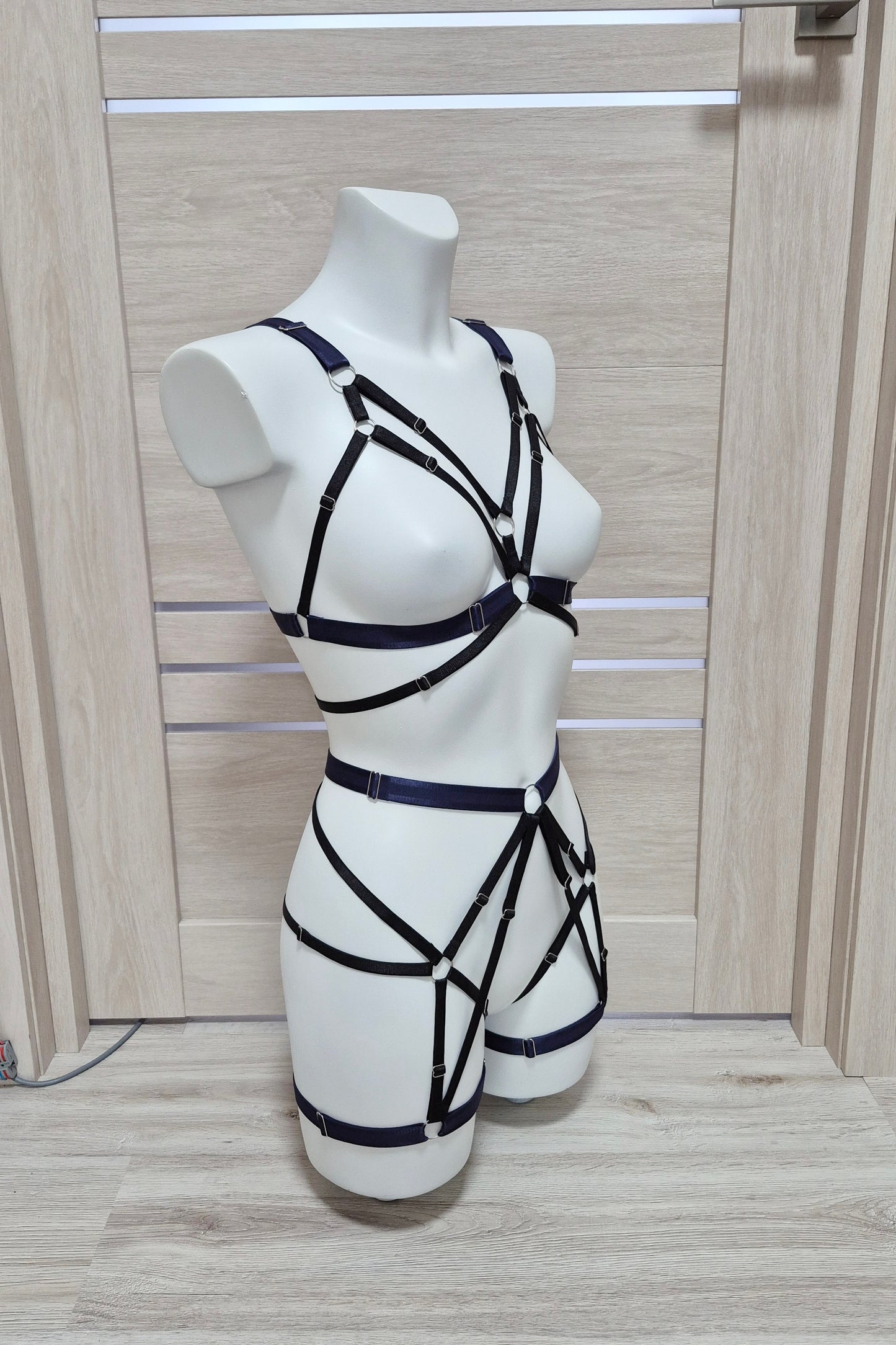 Hemera - navy blue female harness lingerie set with leg garters