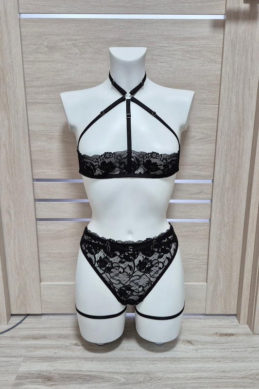 Laksmi - cupless bra and open crotch panties lace lingerie set