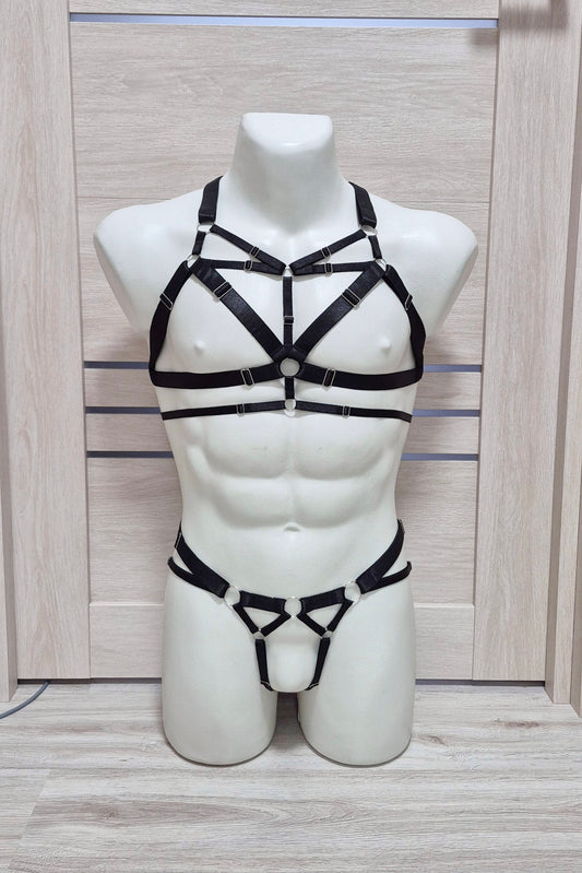 Chaos men - black chest harness and open panties set