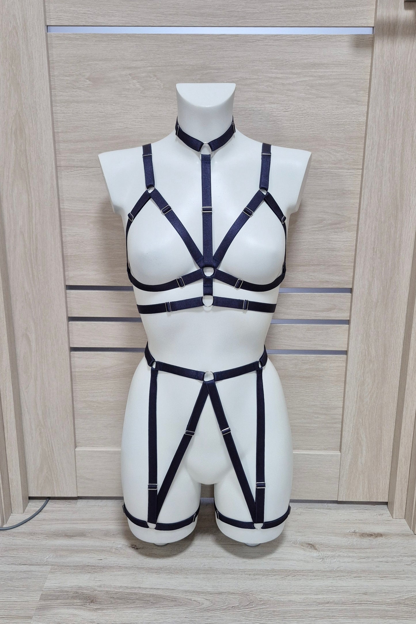 Zhiva - navy blue harness lingerie set with leg garter belt