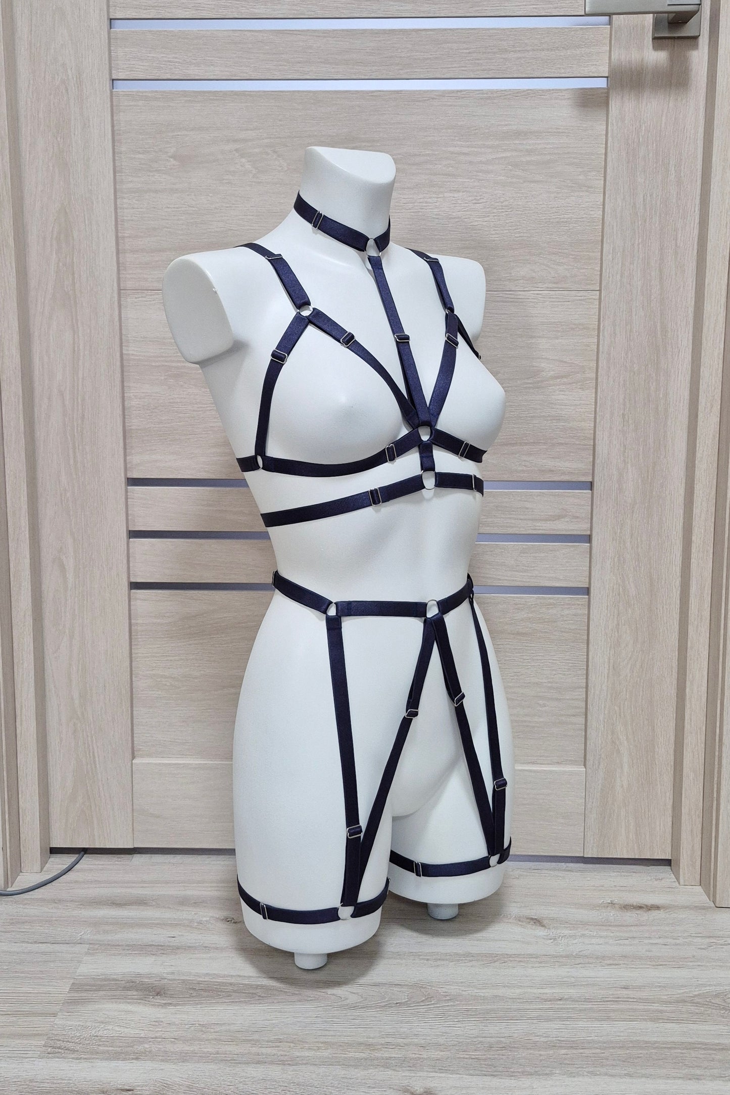 Zhiva - navy blue harness lingerie set with leg garter belt