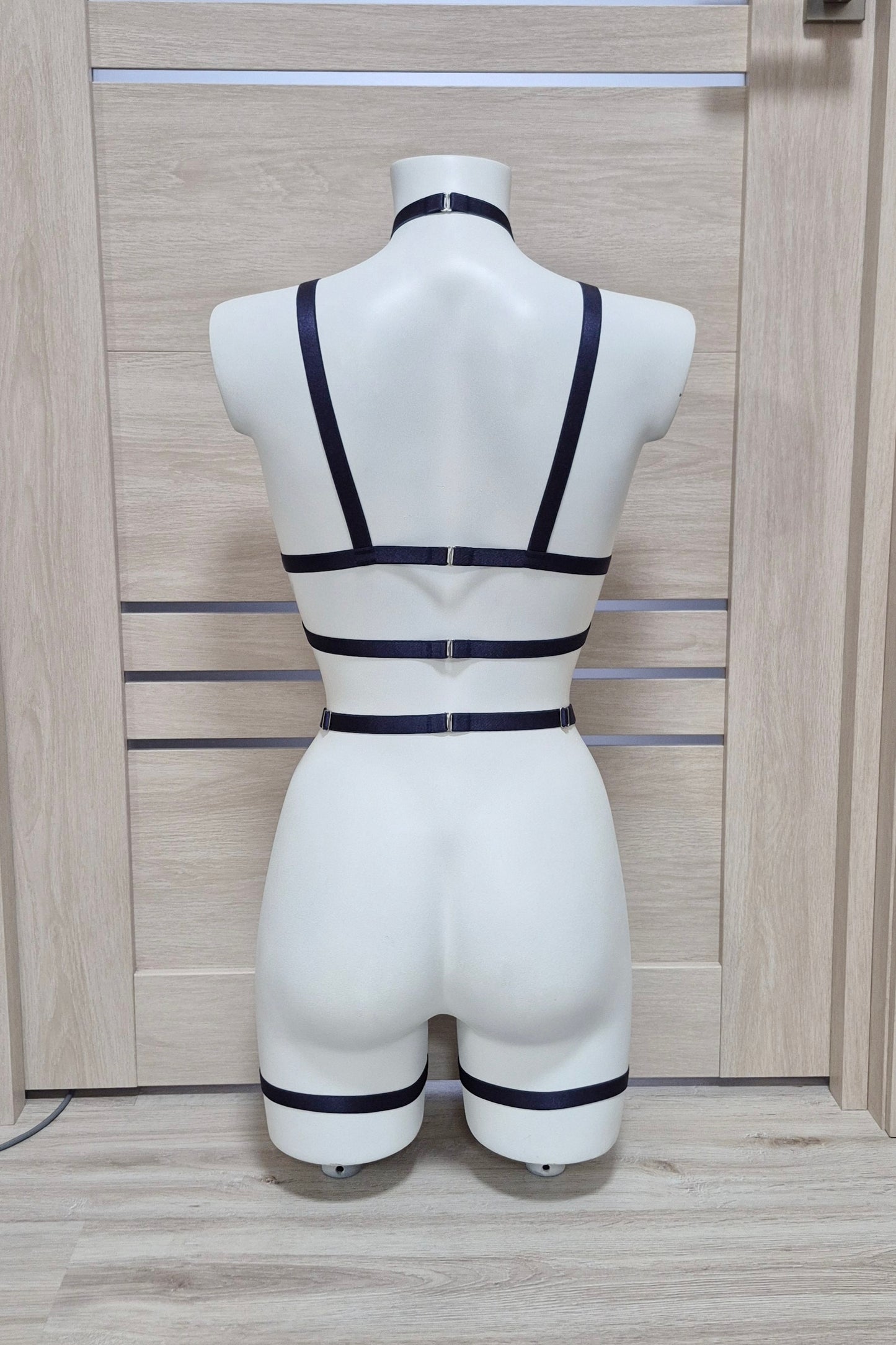 Zhiva - navy blue harness lingerie set with leg garter belt