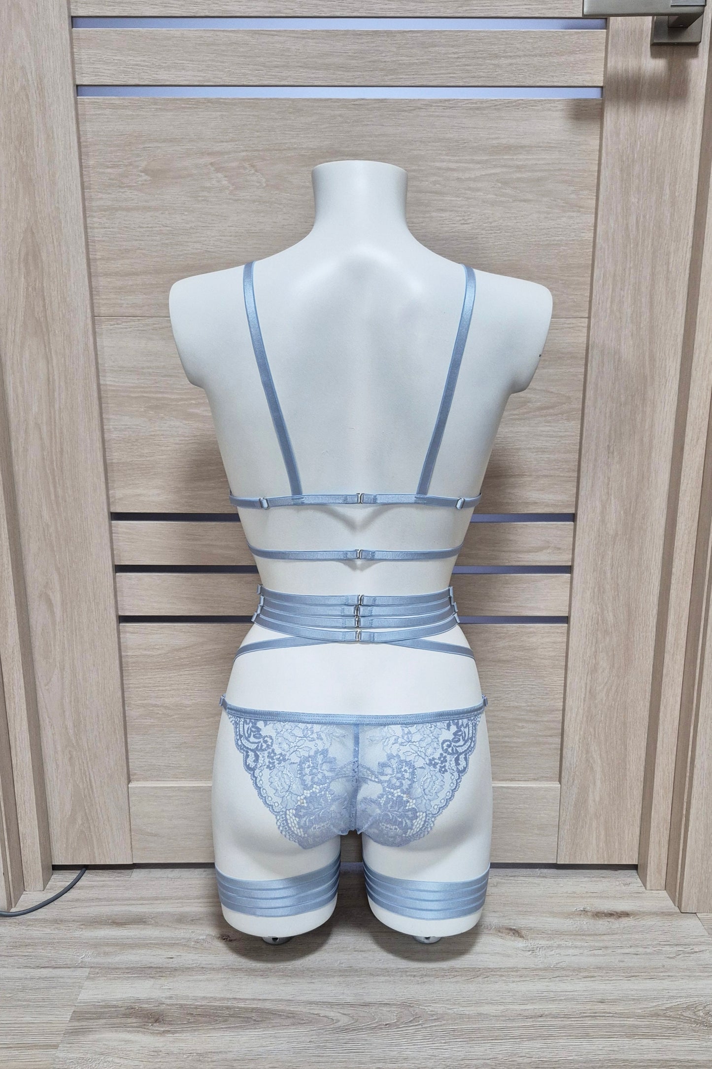 Darla & Morgana - light blue lace lingerie set with garter belt
