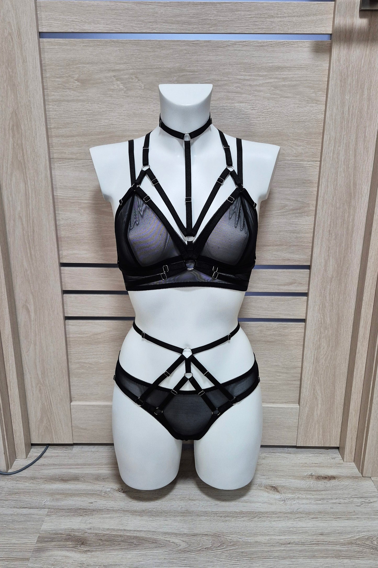 Ella & Nyx - black mesh lingerie set with harnesses