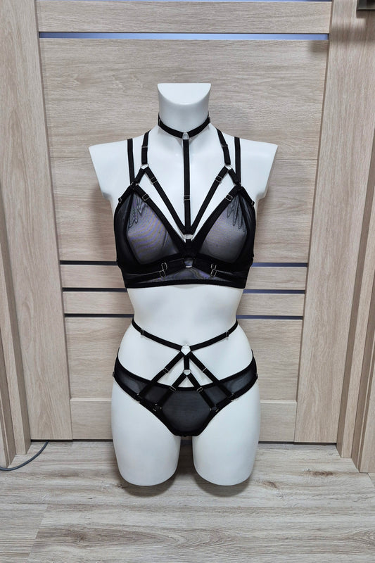 Ella & Nyx - black mesh lingerie set with harnesses