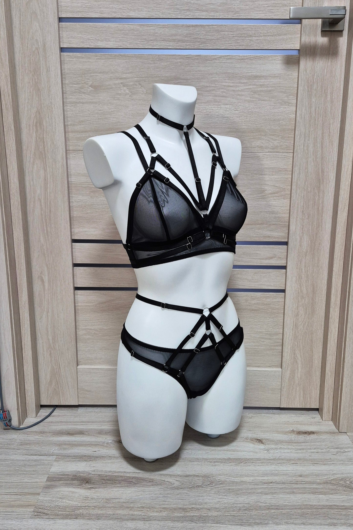 Ella & Nyx - black mesh lingerie set with harnesses