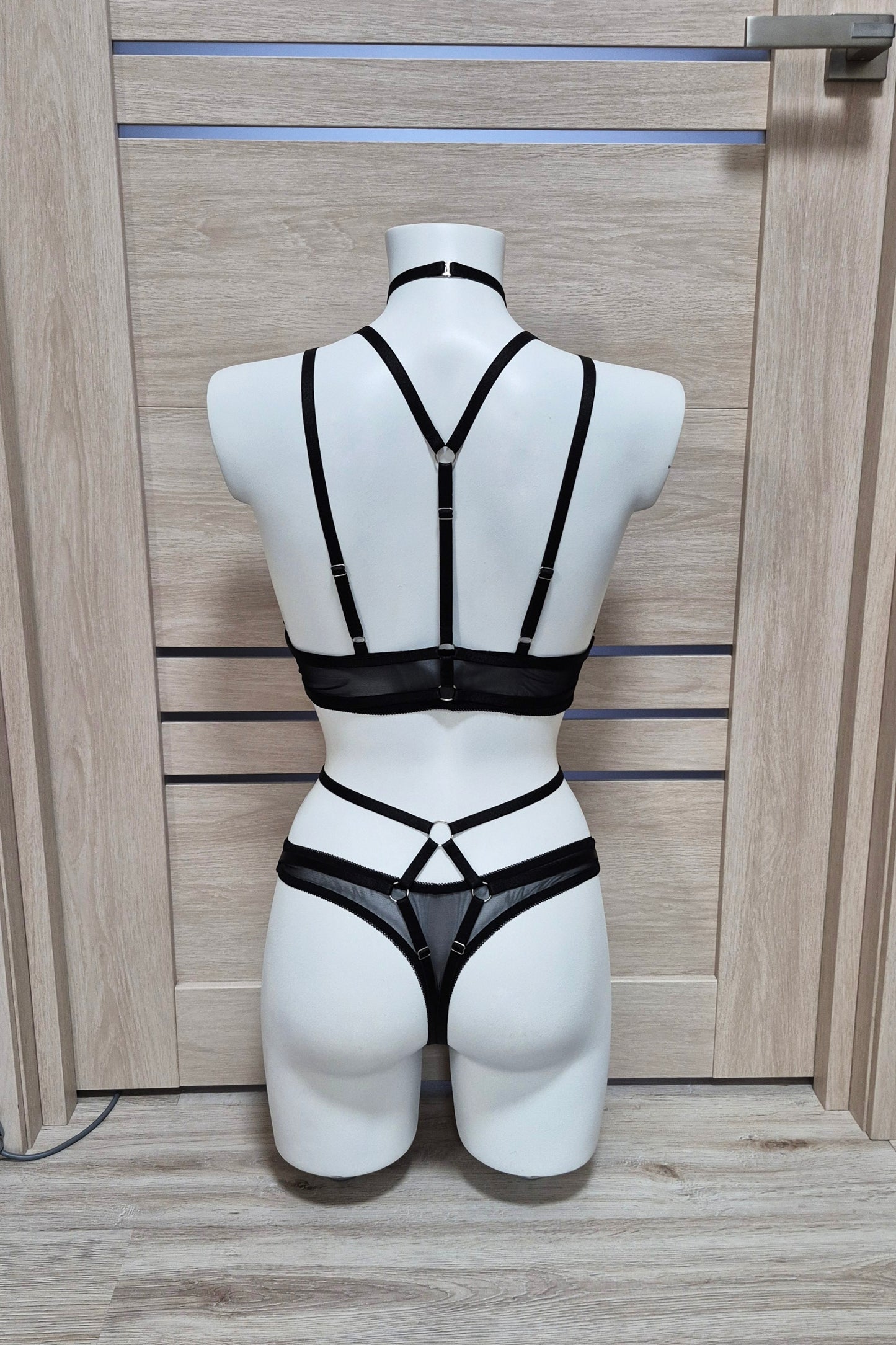 Ella & Nyx - black mesh lingerie set with harnesses