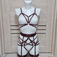 Kitana & Morgana - wine harness lingerie set with leg garter belt