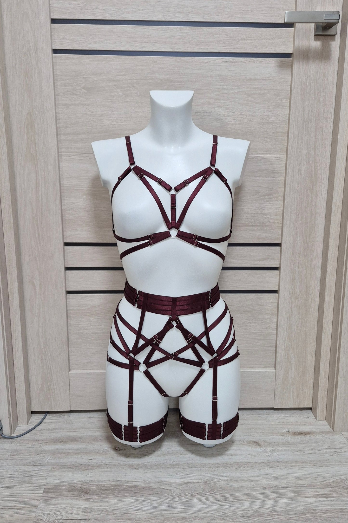 Kitana & Morgana - wine harness lingerie set with leg garter belt
