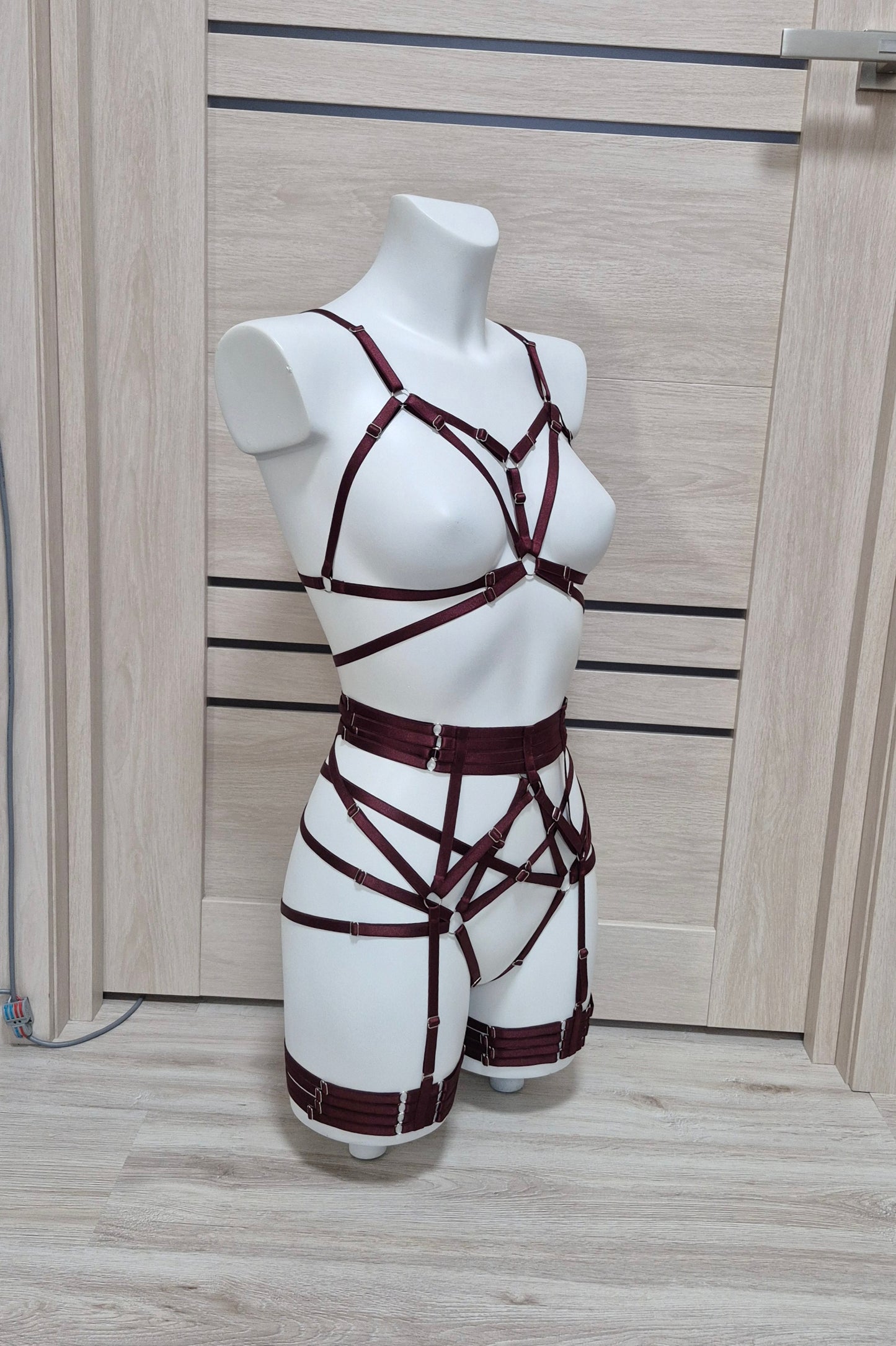 Kitana & Morgana - wine harness lingerie set with leg garter belt