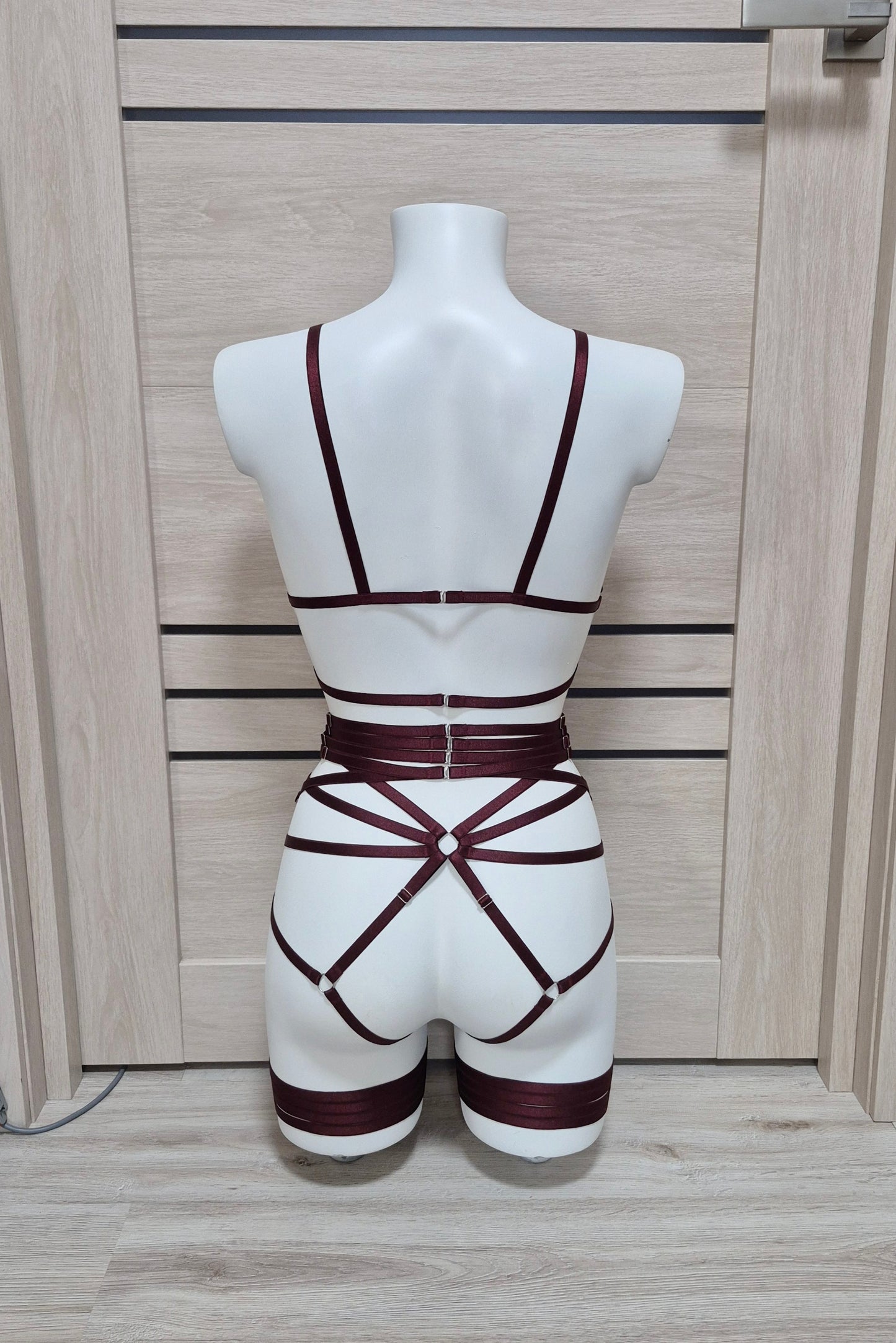 Kitana & Morgana - wine harness lingerie set with leg garter belt