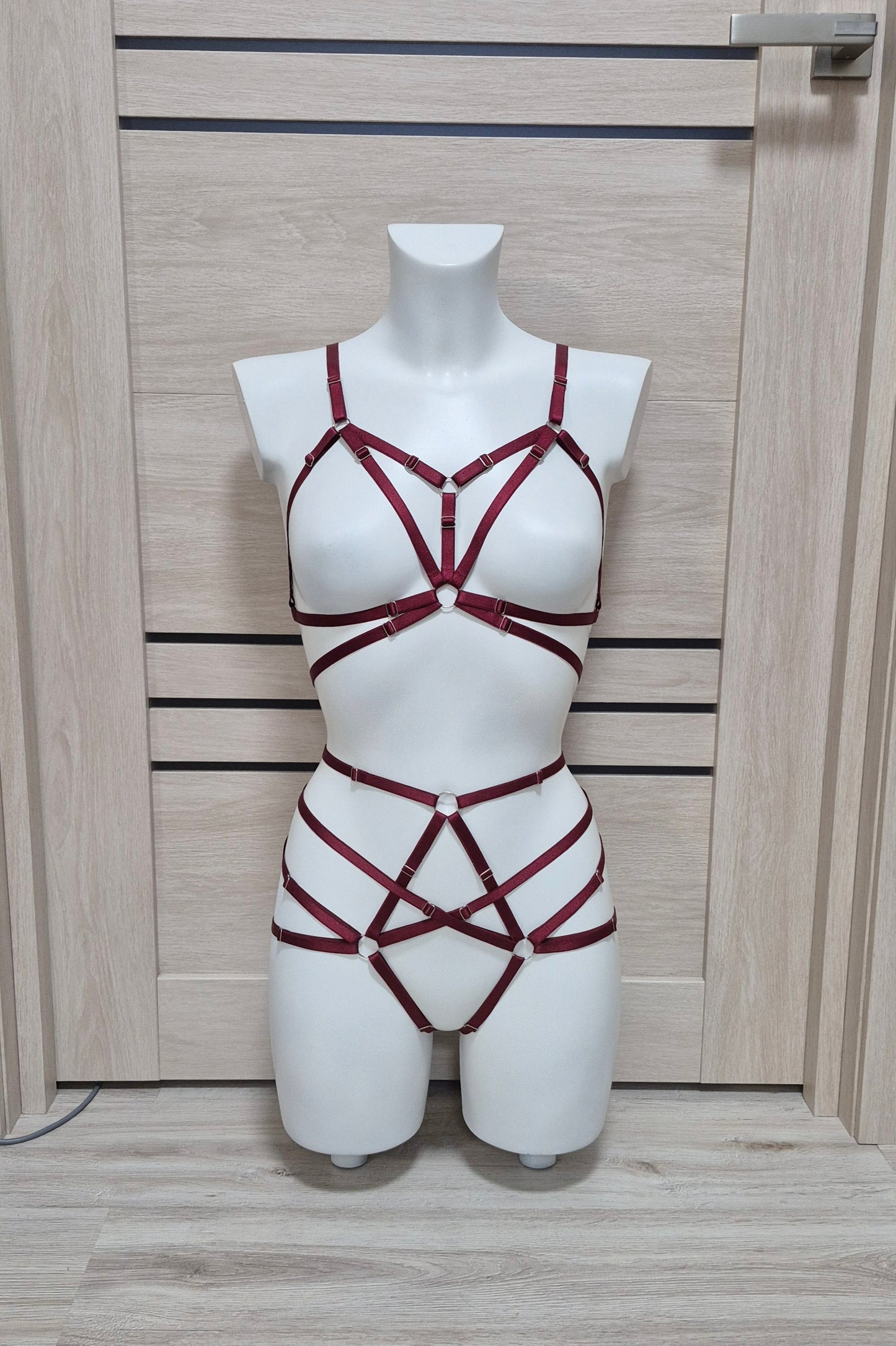 Kitana - burgundy crotchless lingerie harness set
