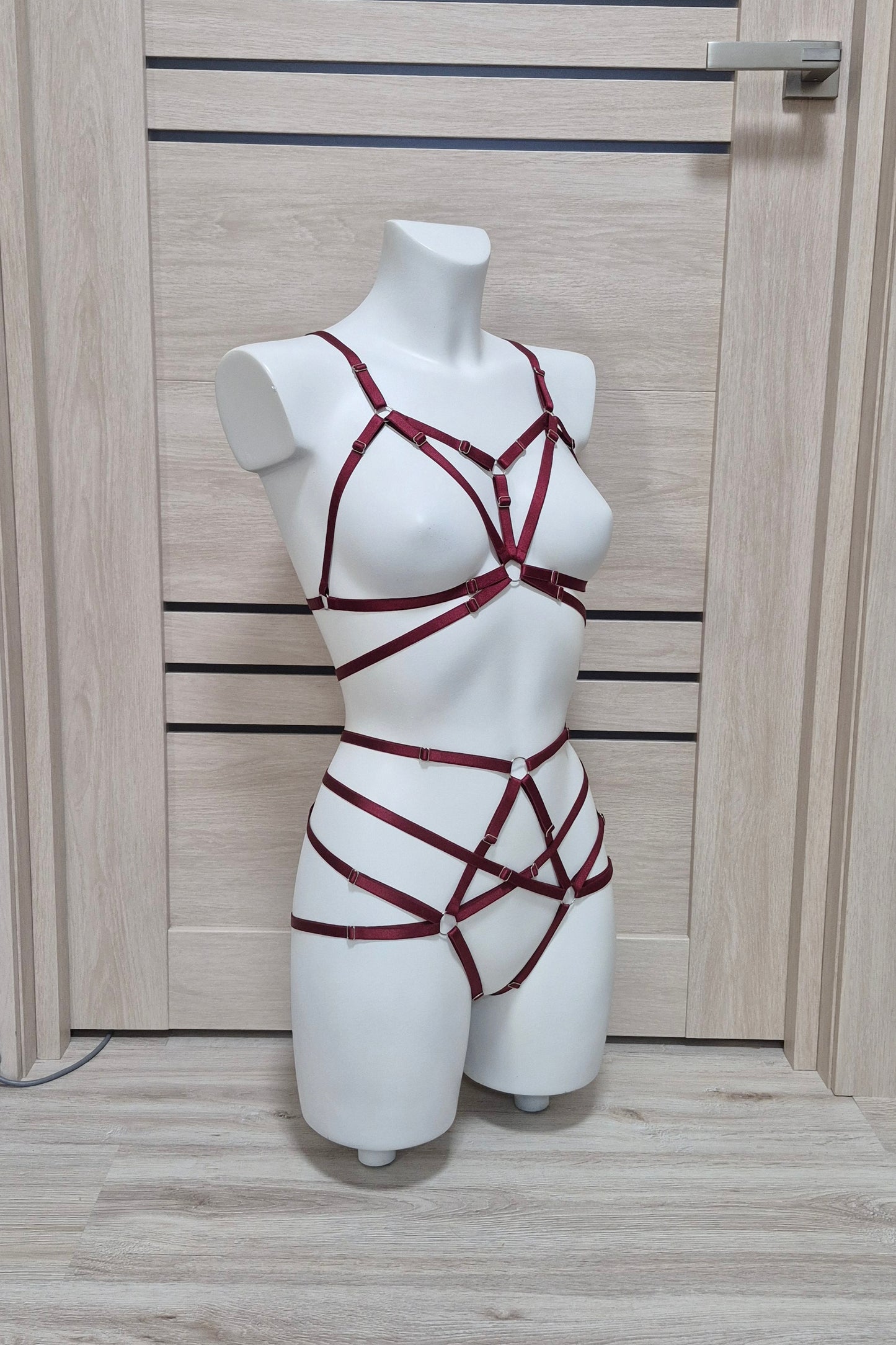 Kitana - burgundy crotchless lingerie harness set