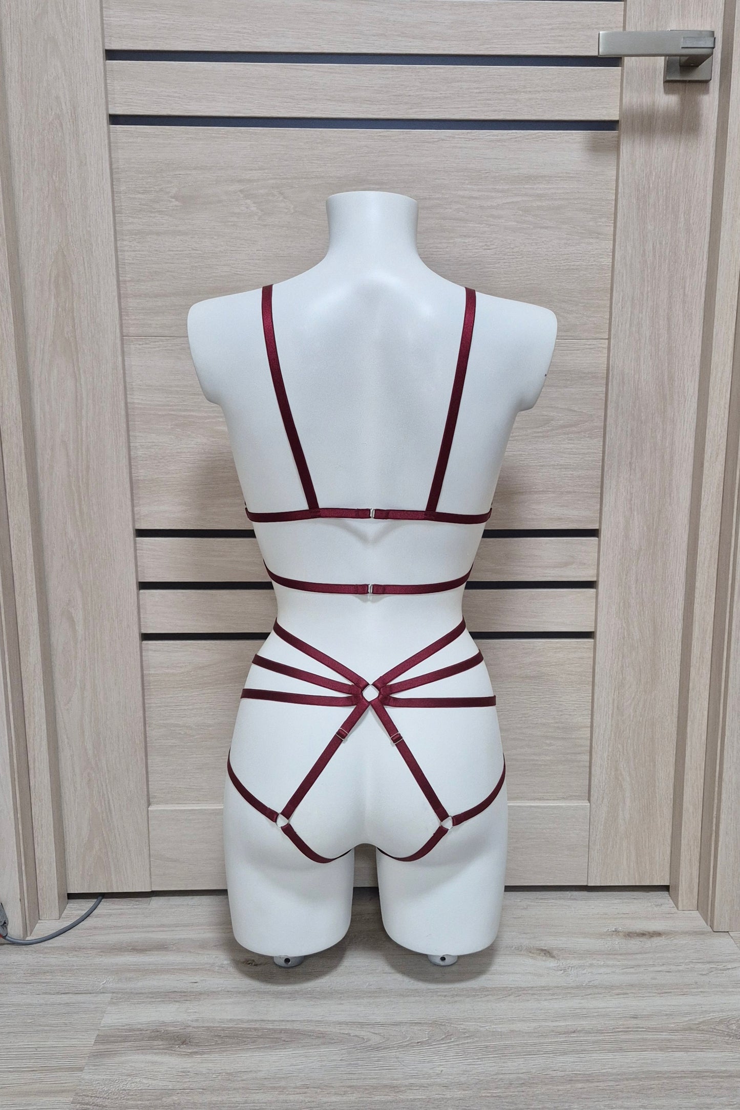 Kitana - burgundy crotchless lingerie harness set