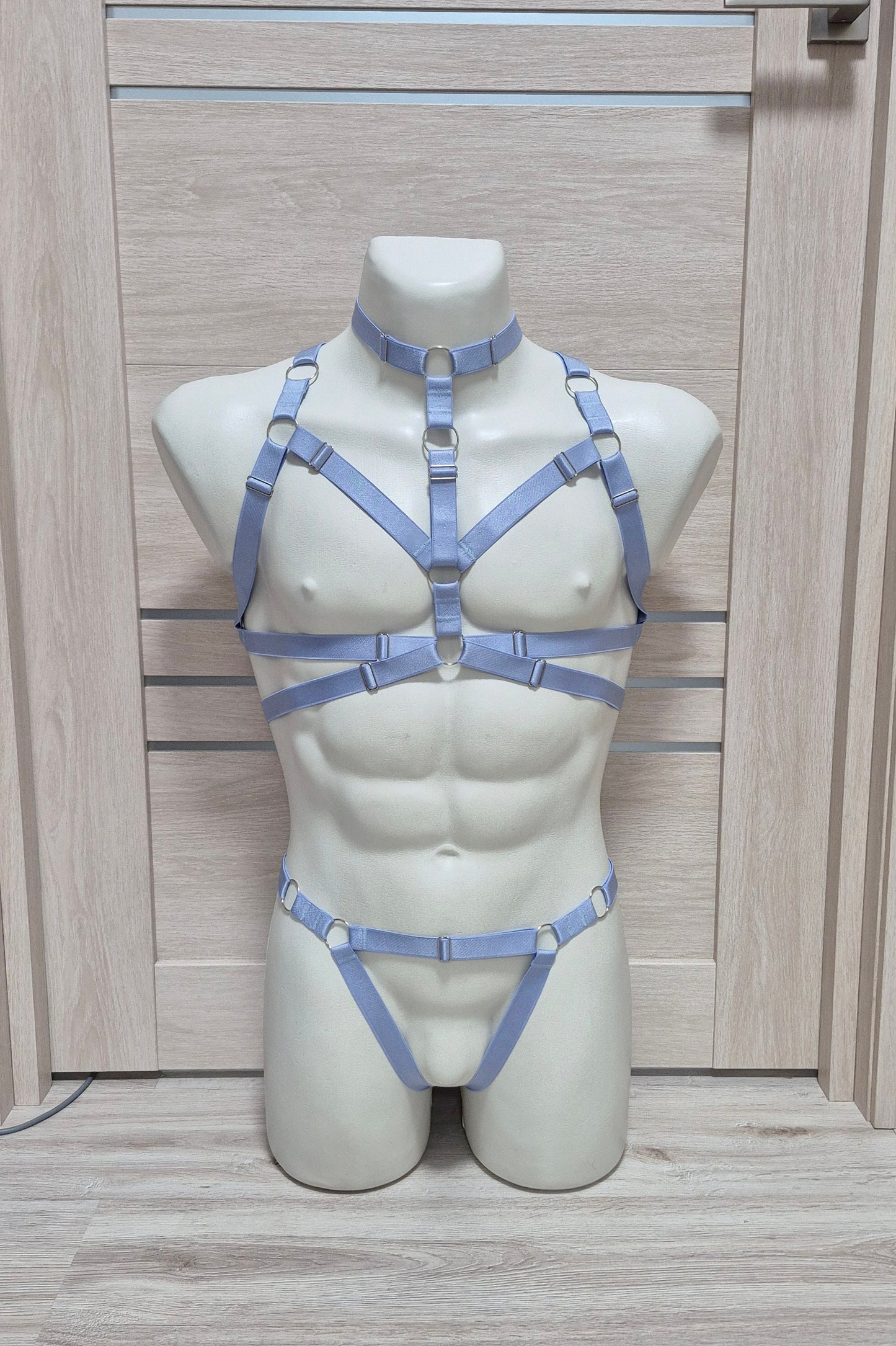 Banshee men - light blue chest harness and open panties set