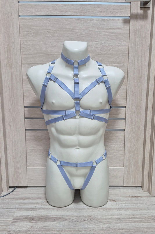 Banshee men - light blue chest harness and open panties set