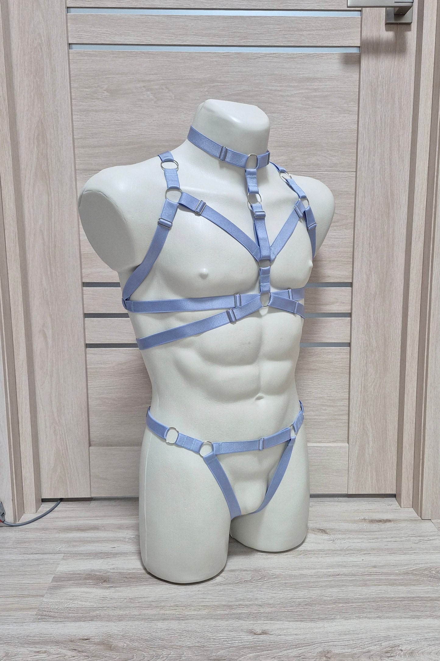 Banshee men - light blue chest harness and open panties set