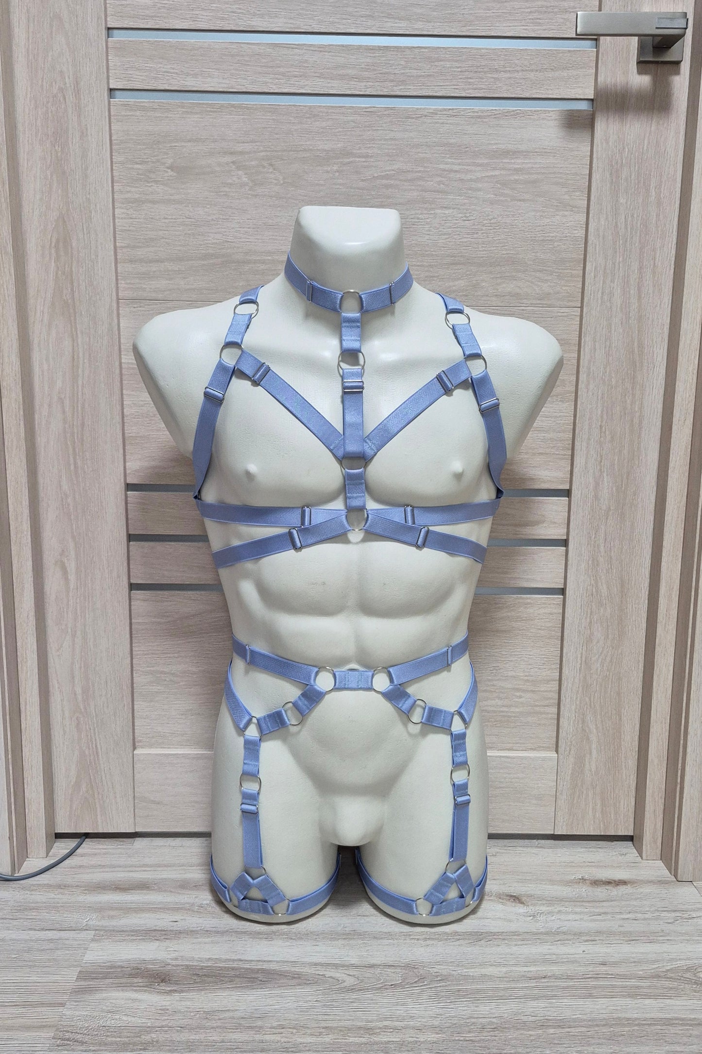 Banshee men - light blue full chest harness and leg garter belt harness set