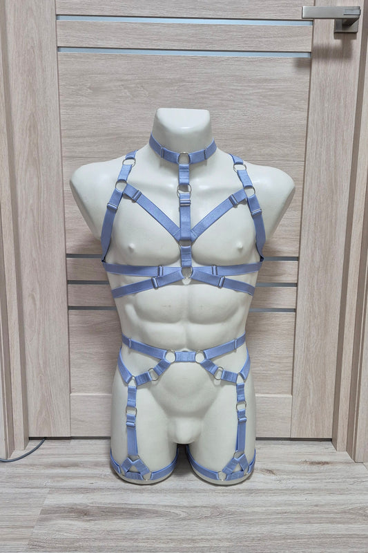 Banshee men - light blue full chest harness and leg garter belt harness set