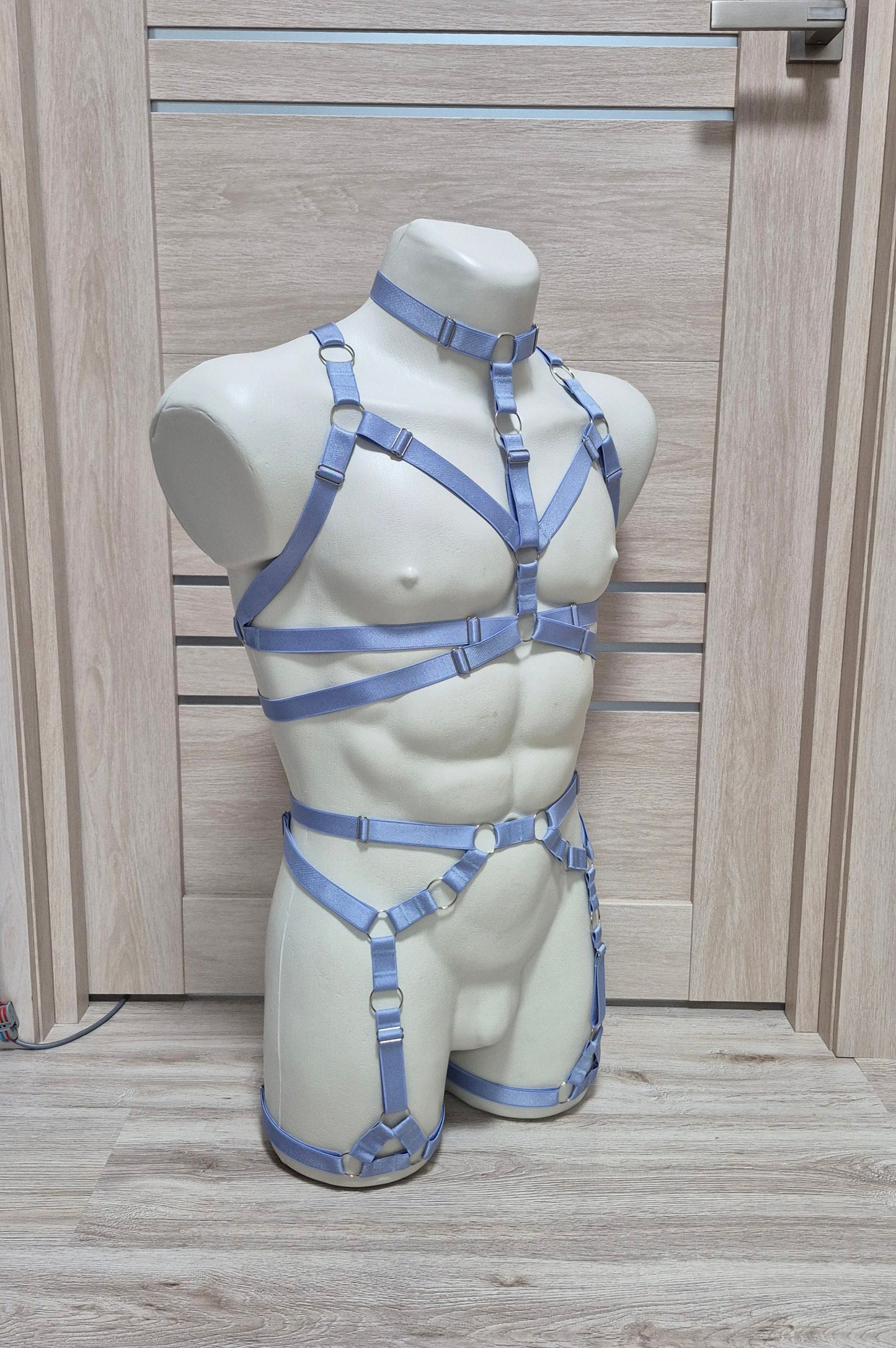 Banshee men - light blue full chest harness and leg garter belt harness set