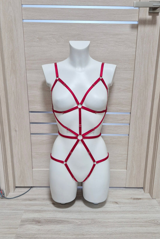 Terpsichore - red cupless harness catsuit female
