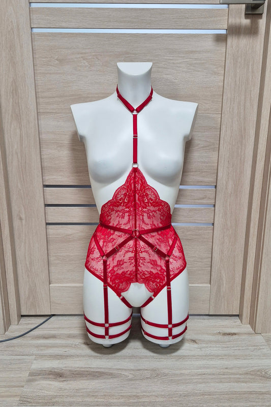 Calliope & Fulla - red open bodysuit with leg garter belt