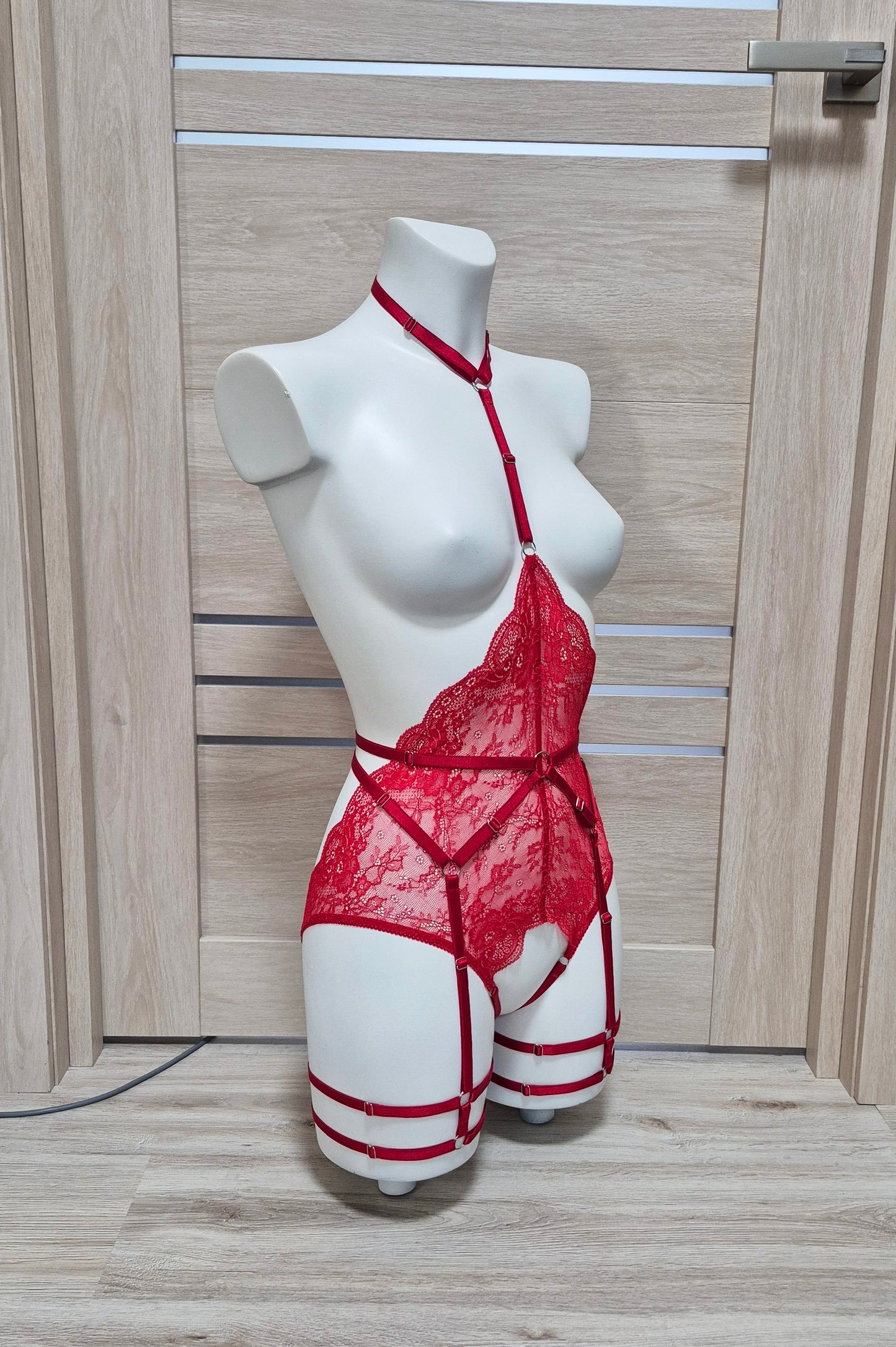 Calliope & Fulla - red open bodysuit with leg garter belt