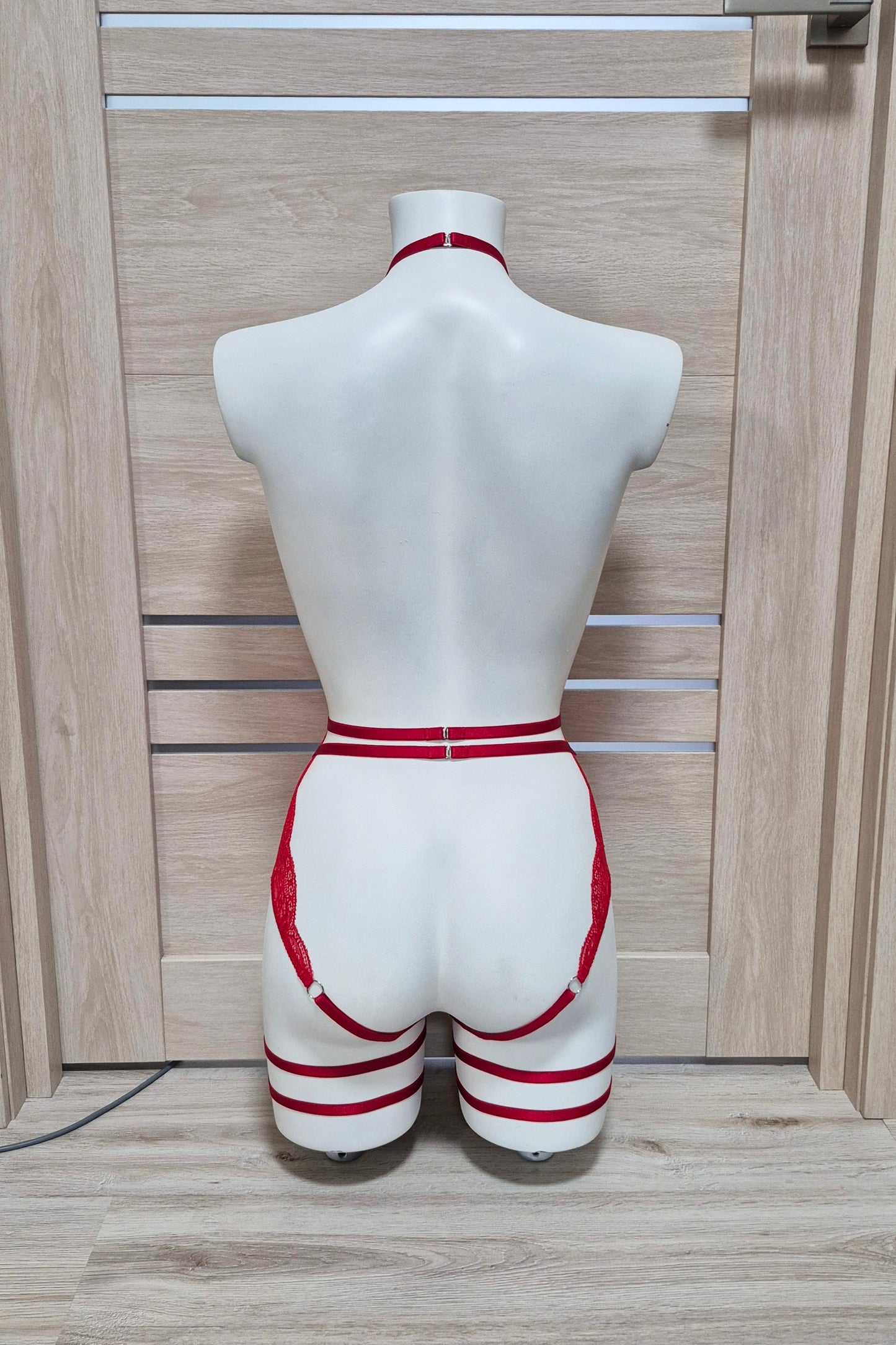 Calliope & Fulla - red open bodysuit with leg garter belt