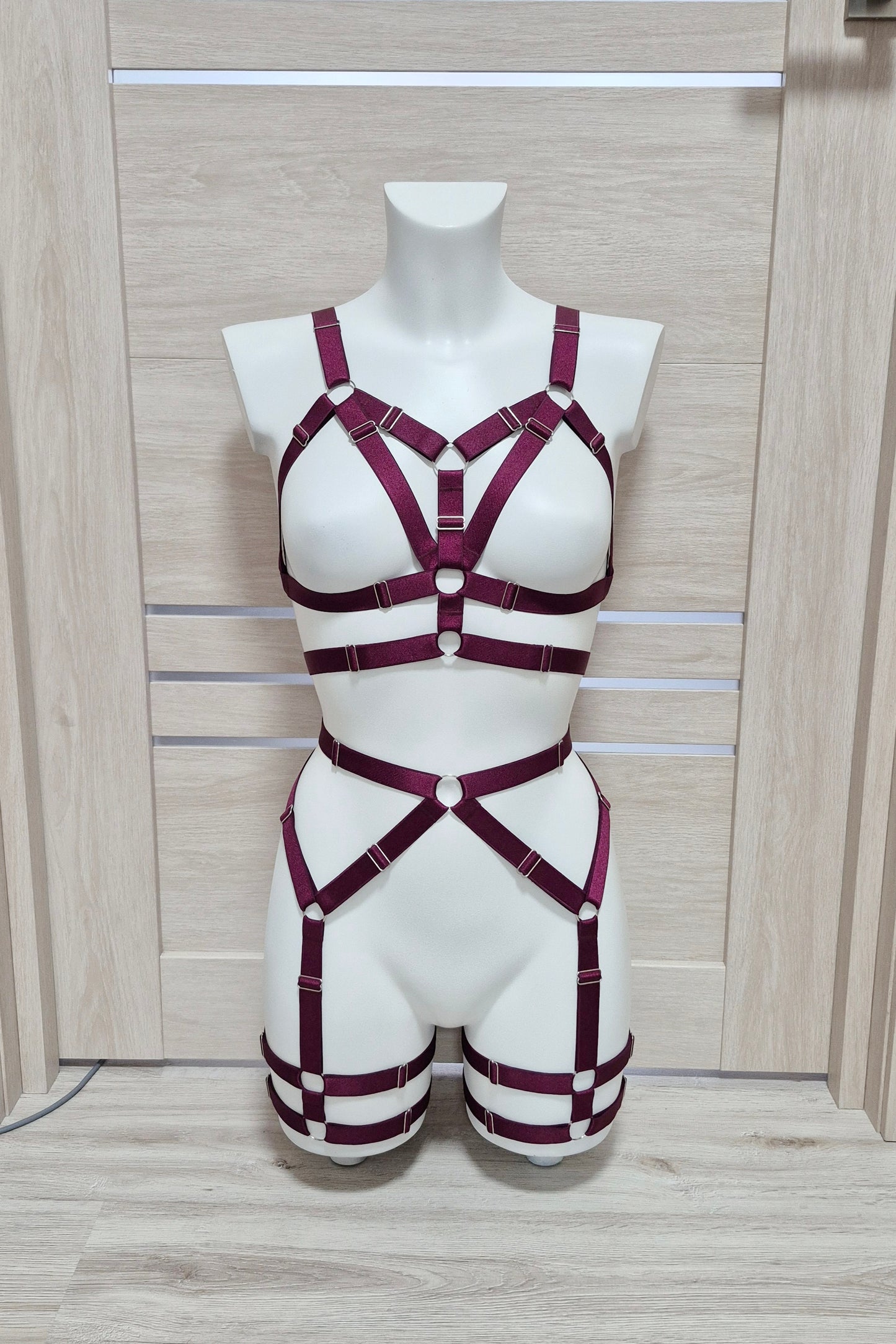 Pakhet - wine harness lingerie set with garter belt
