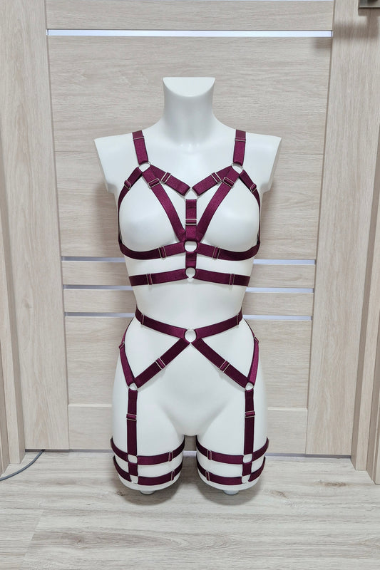 Pakhet - wine harness lingerie set with garter belt