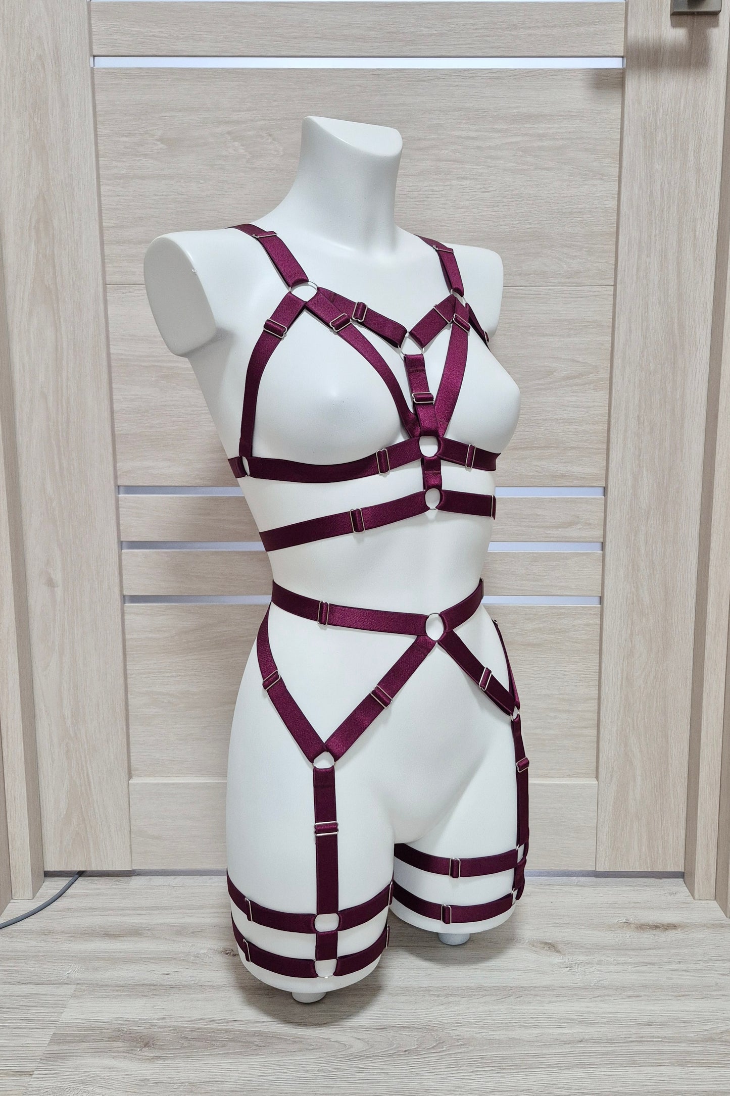 Pakhet - wine harness lingerie set with garter belt