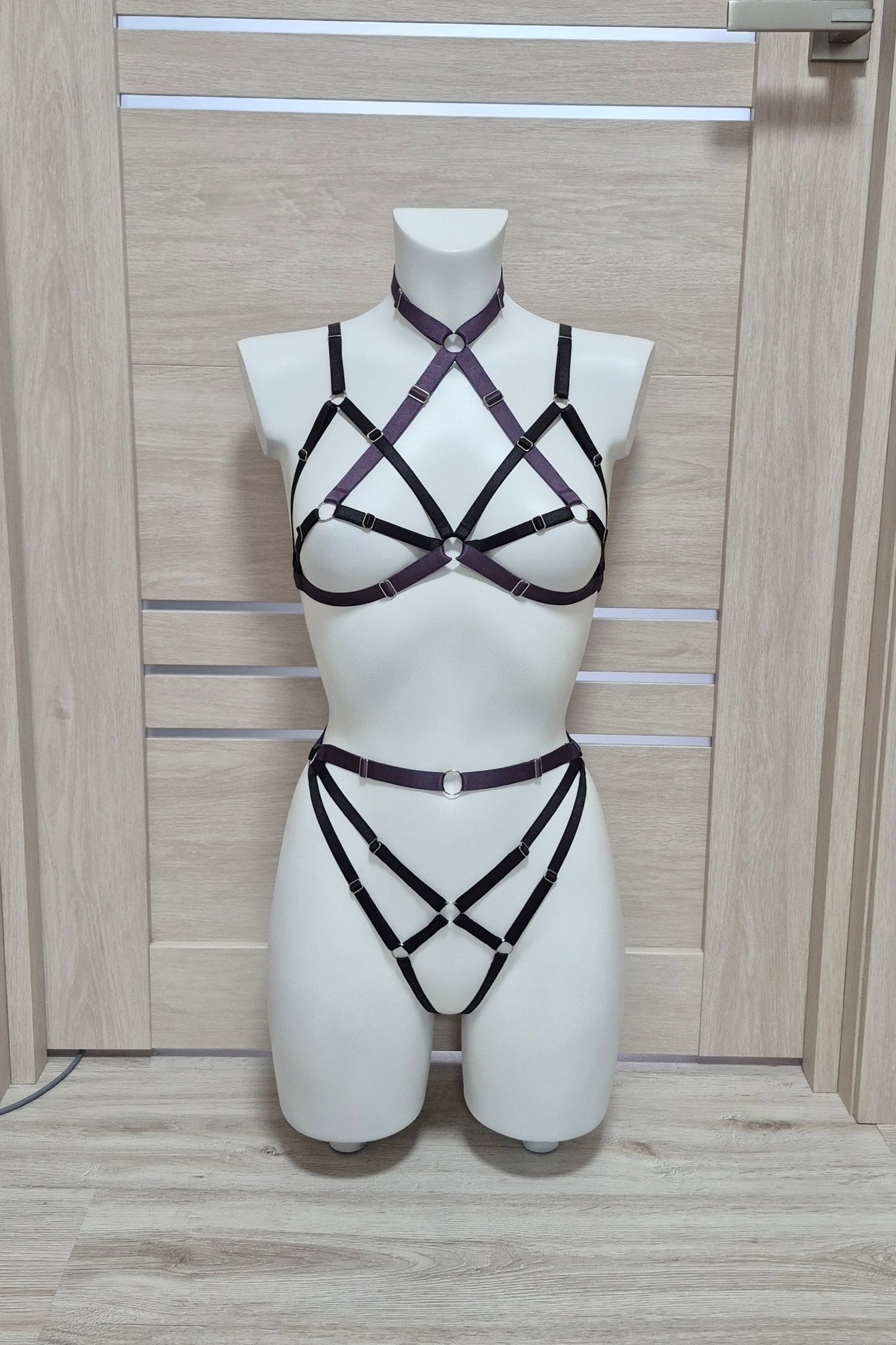 Mara II - cage bra collar harness and open panties set