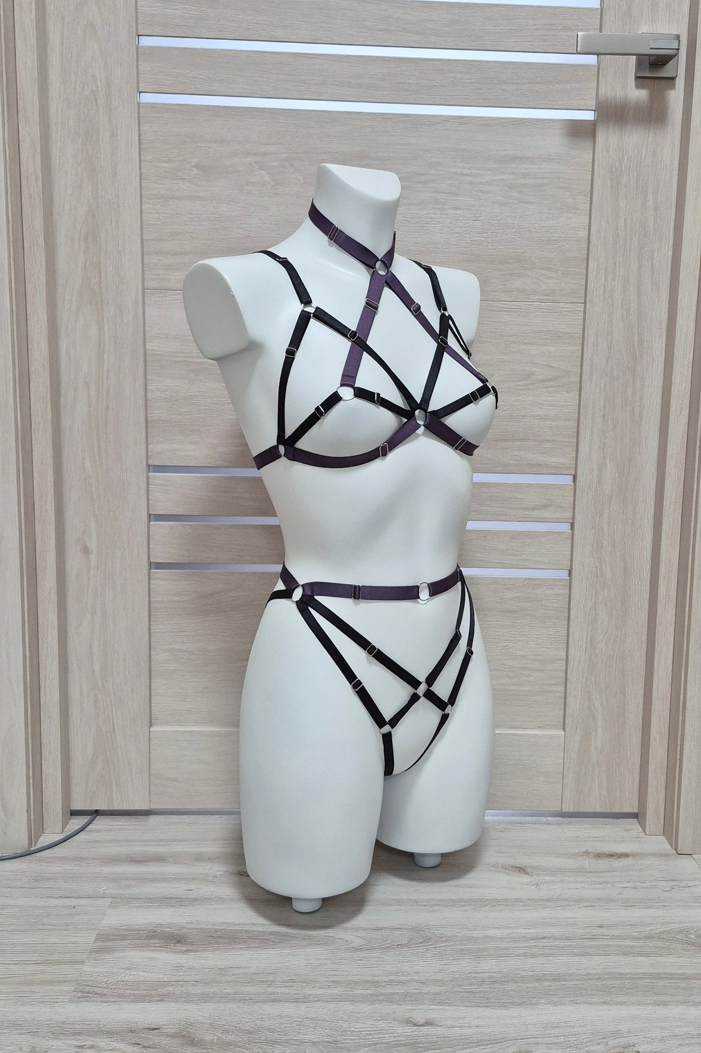 Mara II - cage bra collar harness and open panties set