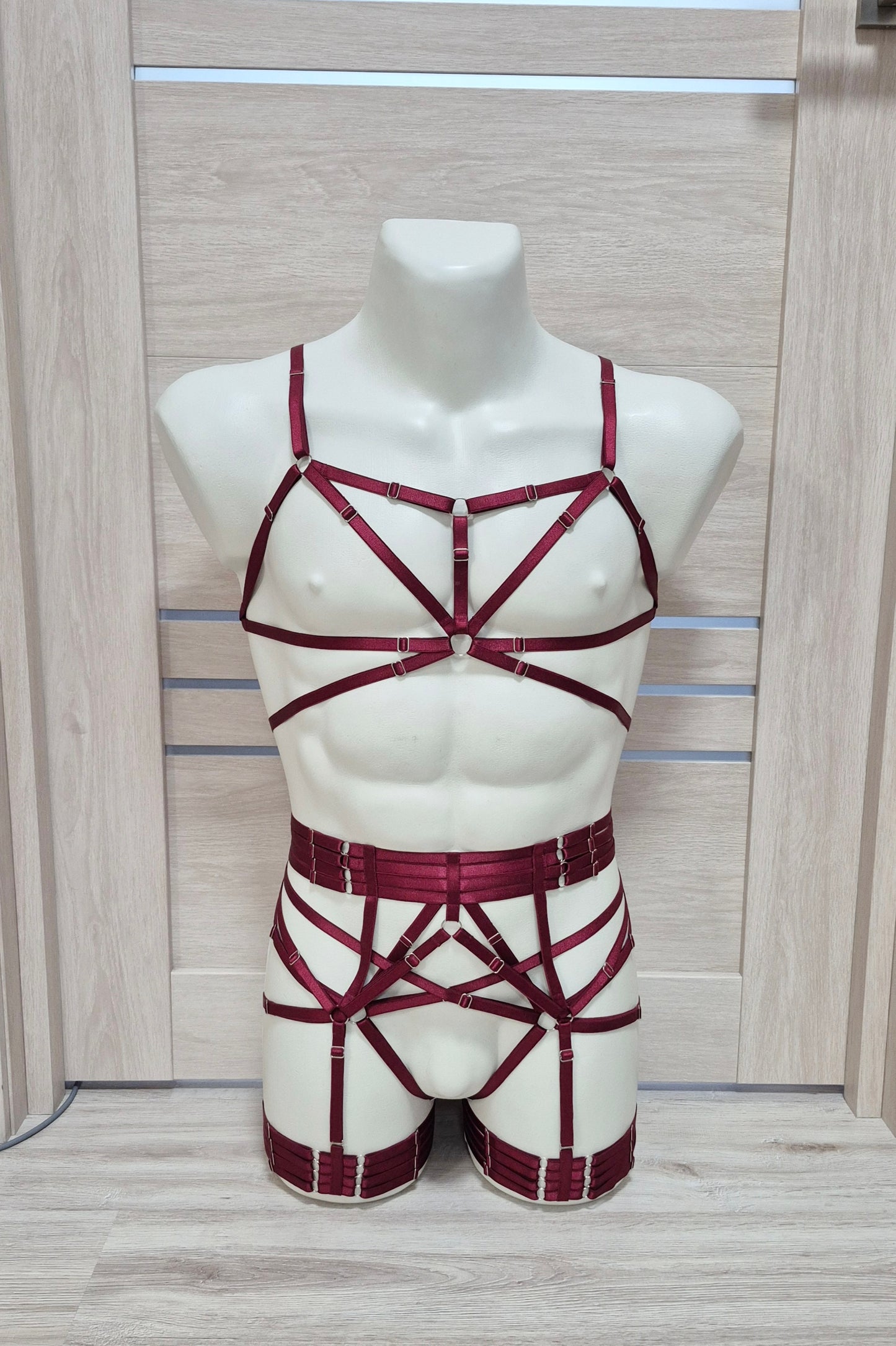 Kitana & Morgana men - burgundy full body harness lingerie set