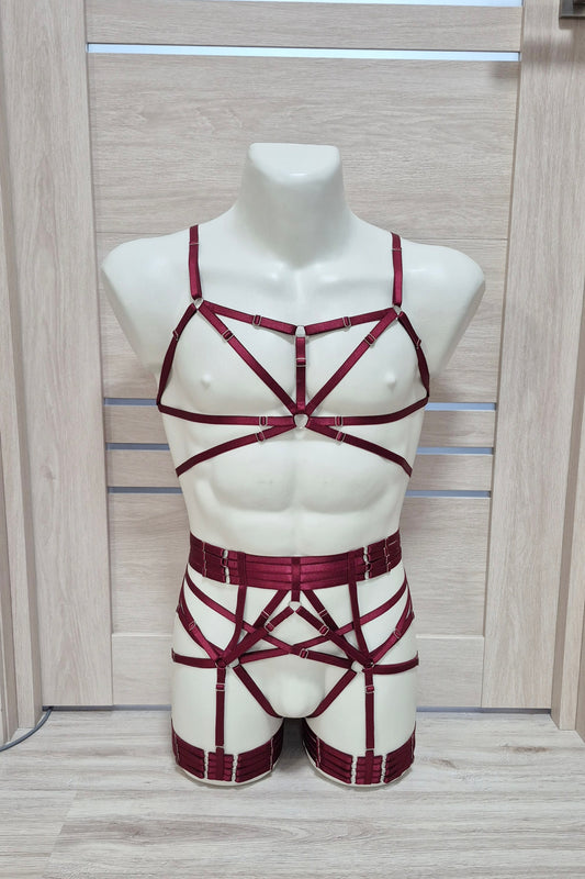 Kitana & Morgana men - burgundy full body harness lingerie set