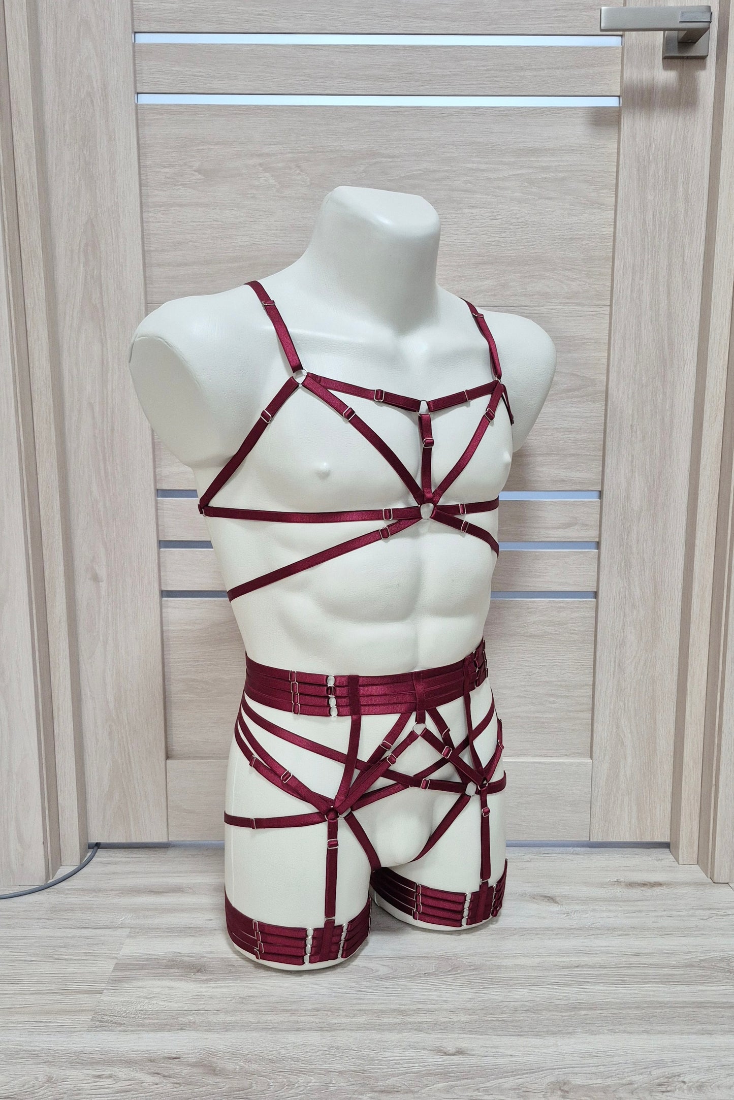 Kitana & Morgana men - burgundy full body harness lingerie set
