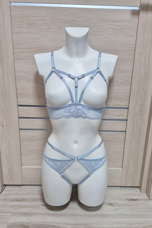 Frigg - light blue open crotchless lingerie set