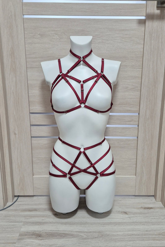 Kitana II - burgundy collar harness bra lingerie set