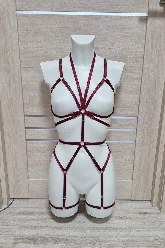 Mira - burgundy full body harness lingerie