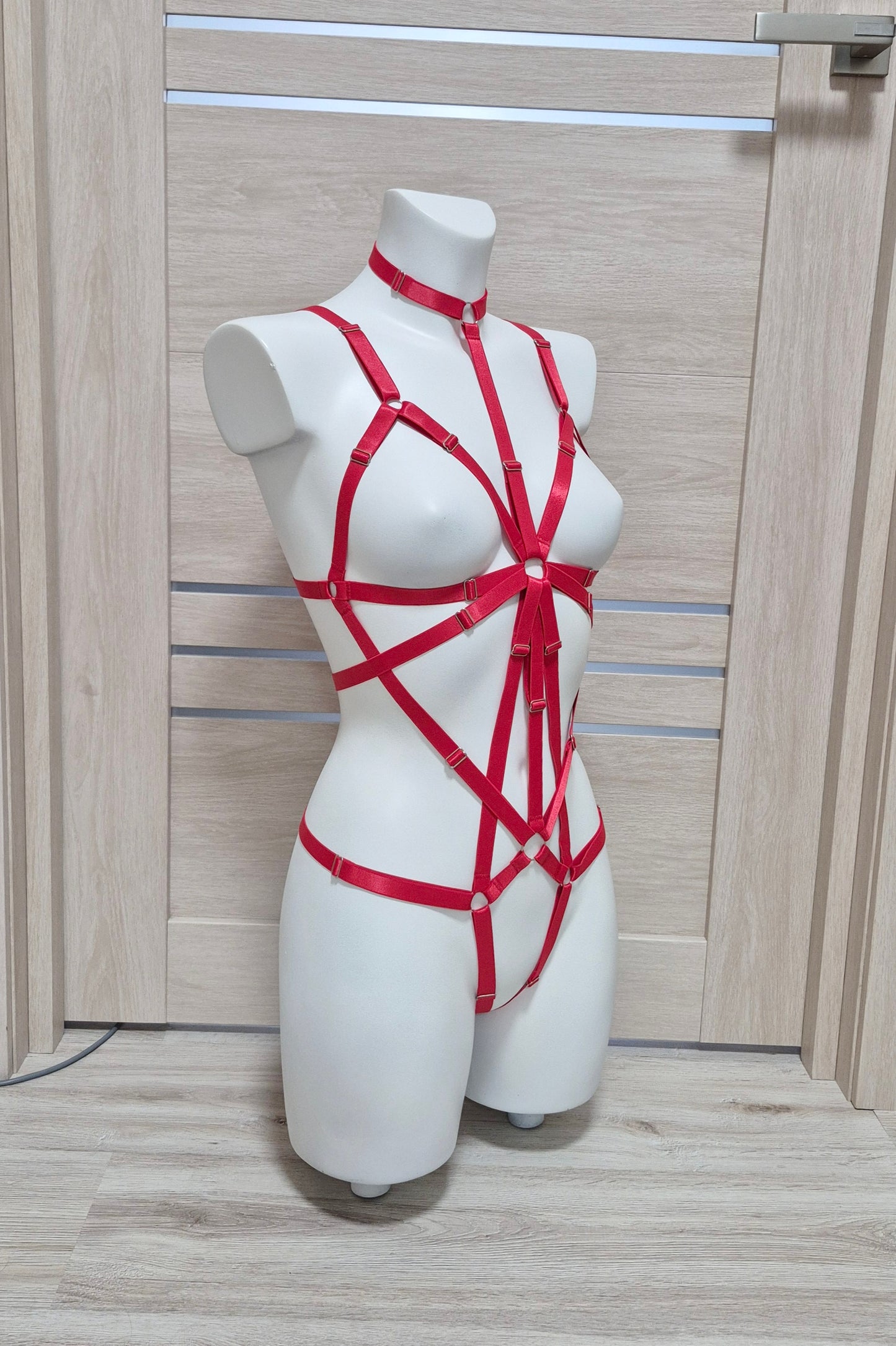 Sigyn - red open crotch cupless harness lingerie body