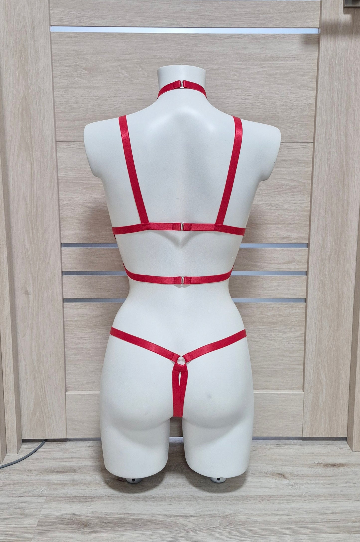 Sigyn - red open crotch cupless harness lingerie body