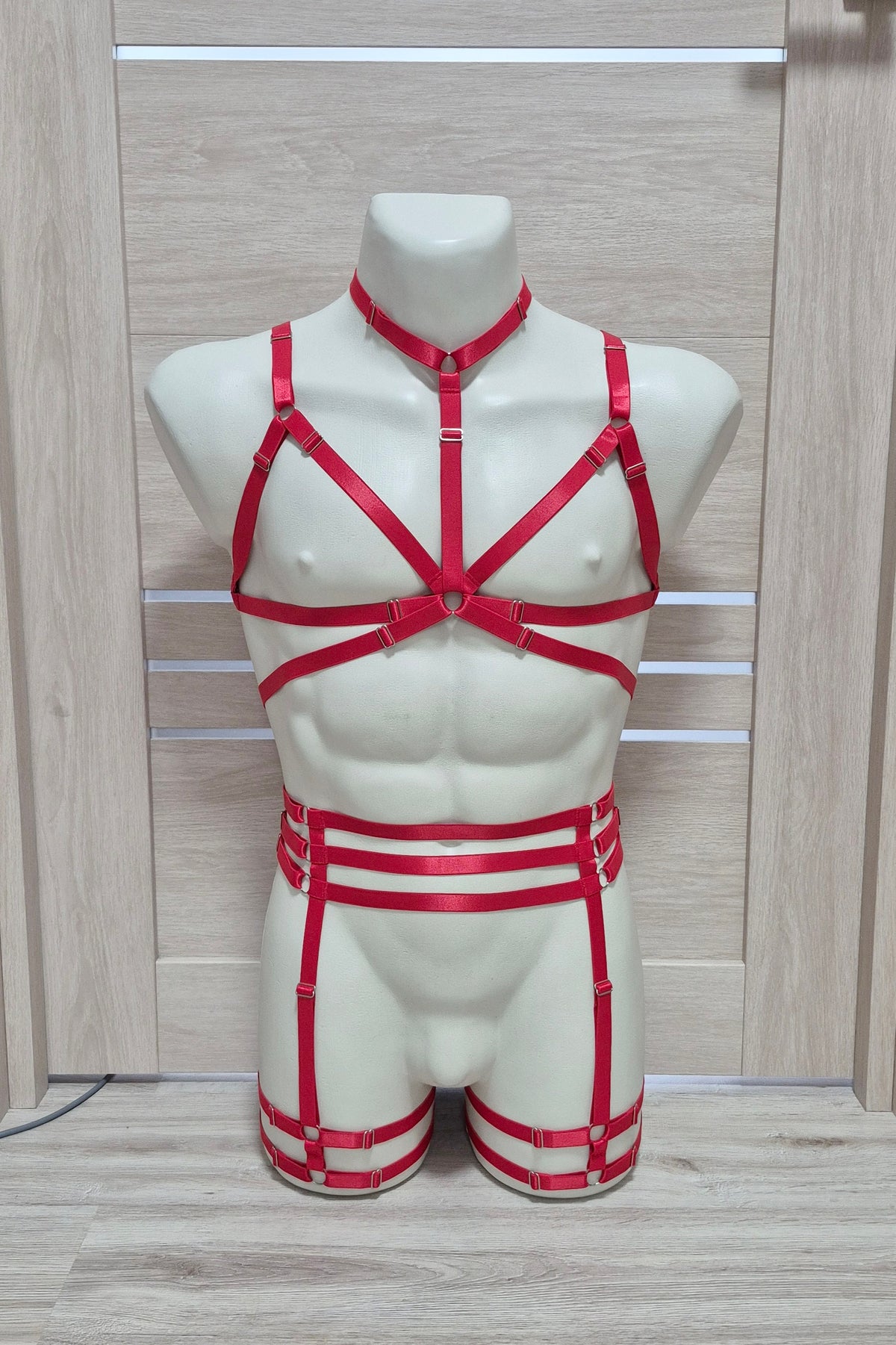 Persephone men - red chest harness and leg garter belt