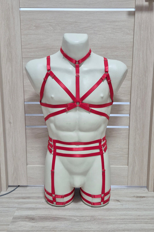Persephone men - red chest harness and leg garter belt
