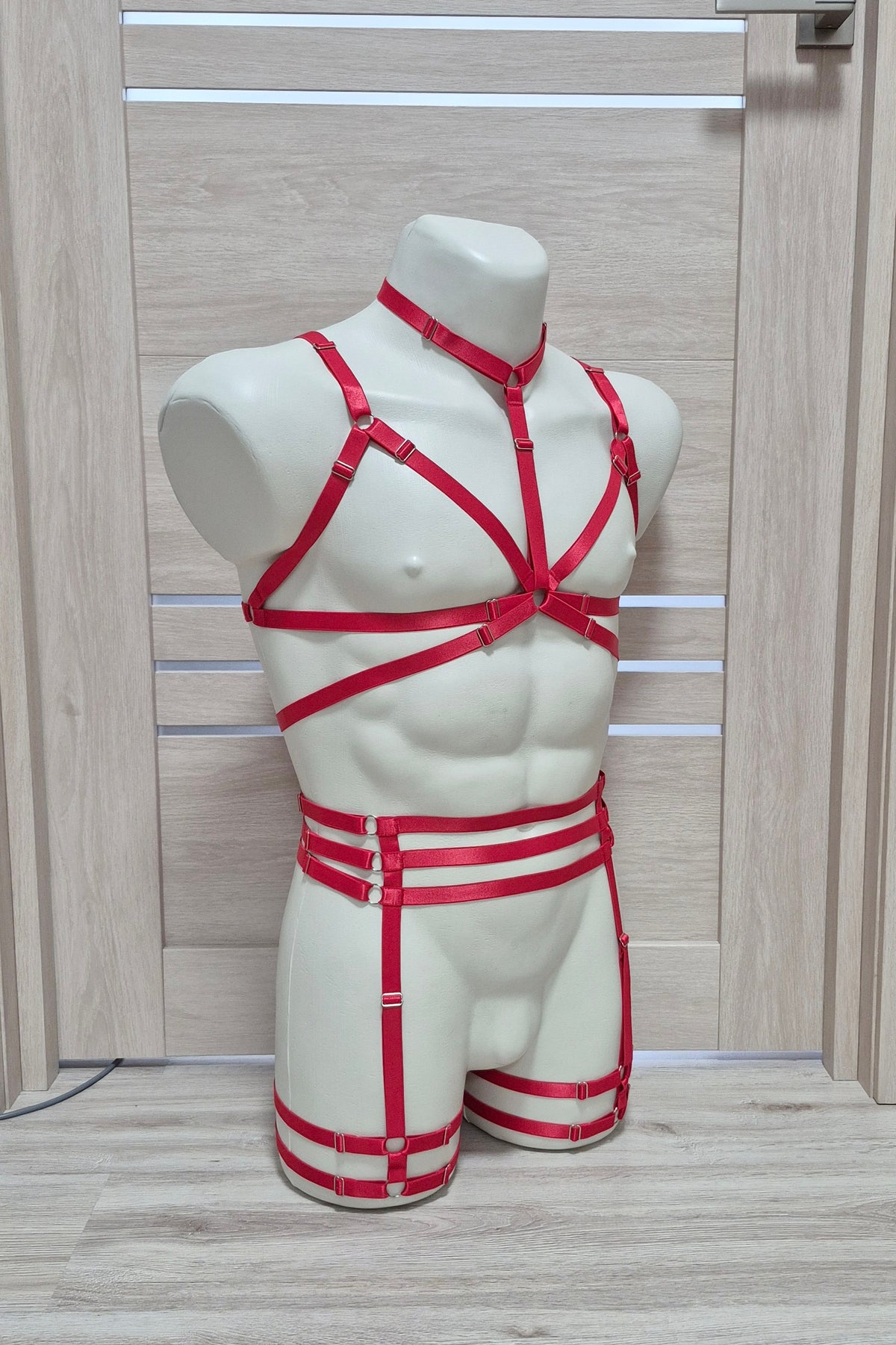 Persephone men - red chest harness and leg garter belt