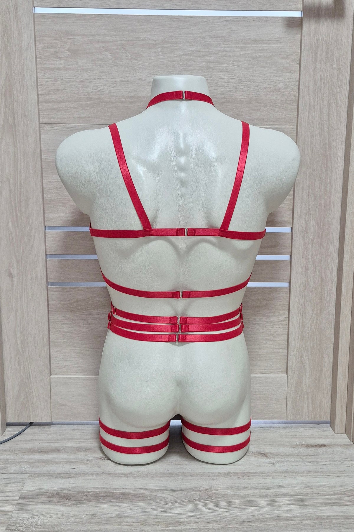 Persephone men - red chest harness and leg garter belt