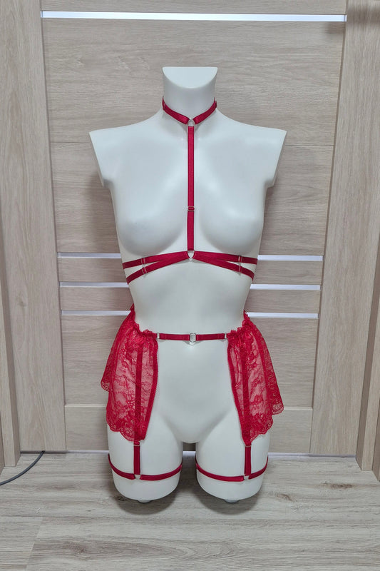 Mawi - red harness lingerie with skirt leg garter belt