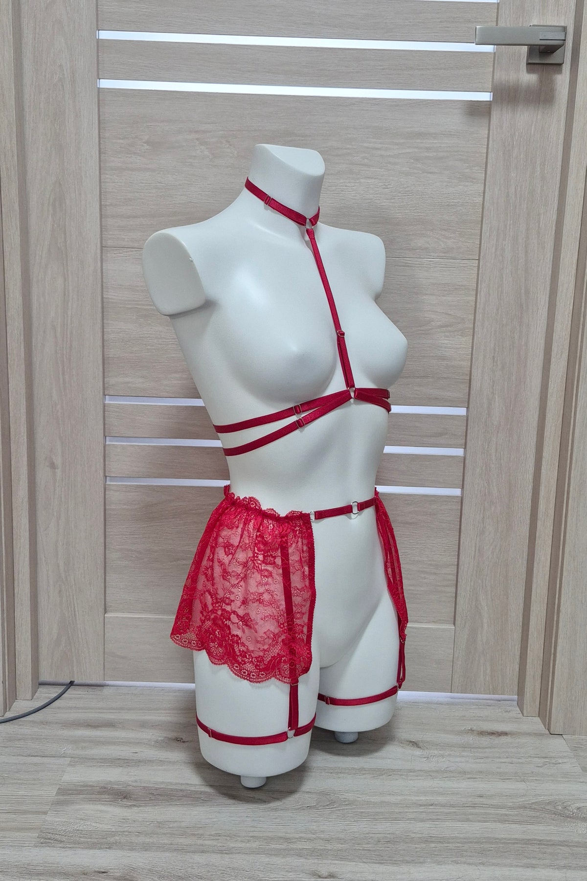 Mawi - red harness lingerie with skirt leg garter belt