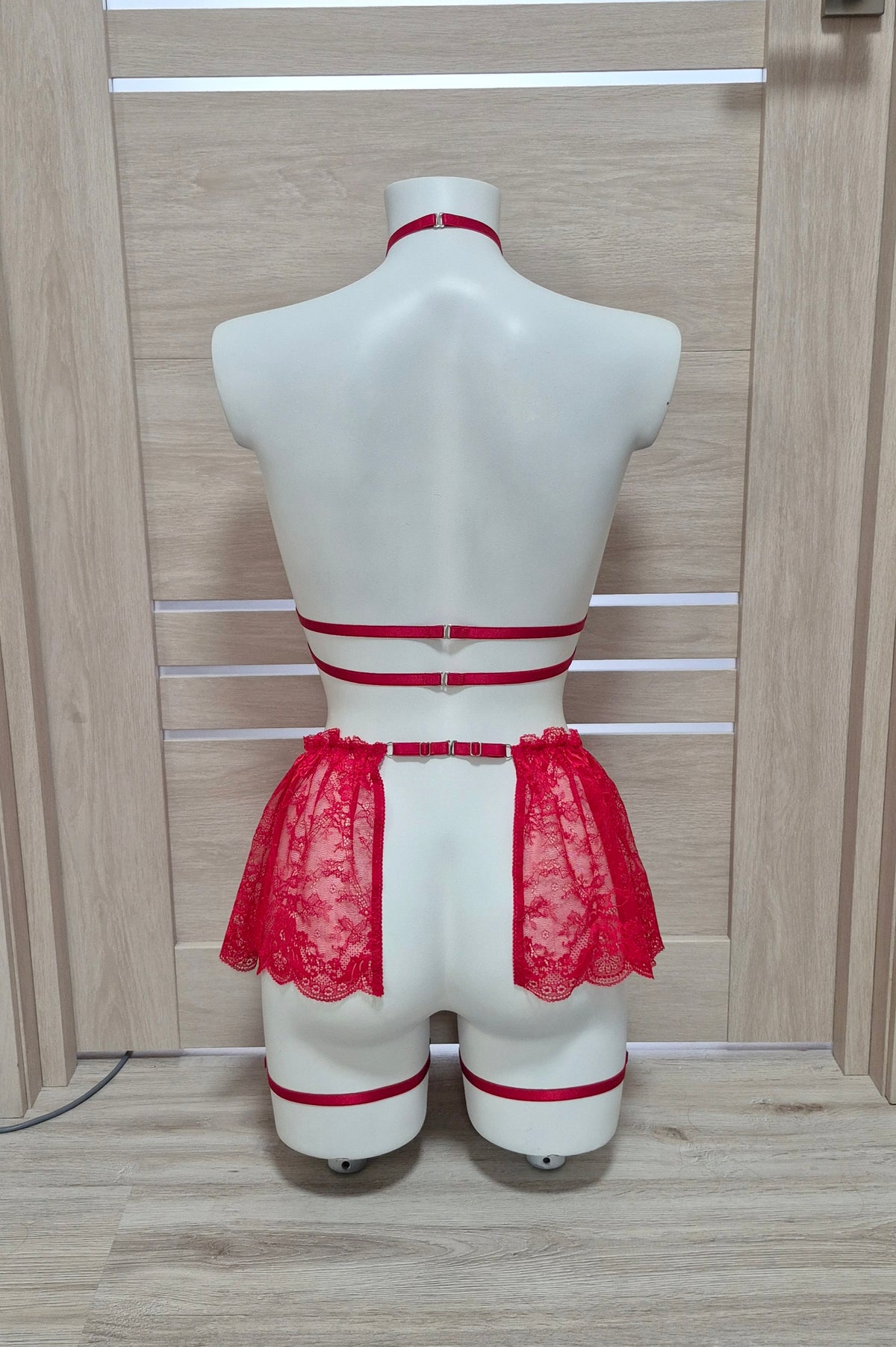 Mawi - red harness lingerie with skirt leg garter belt